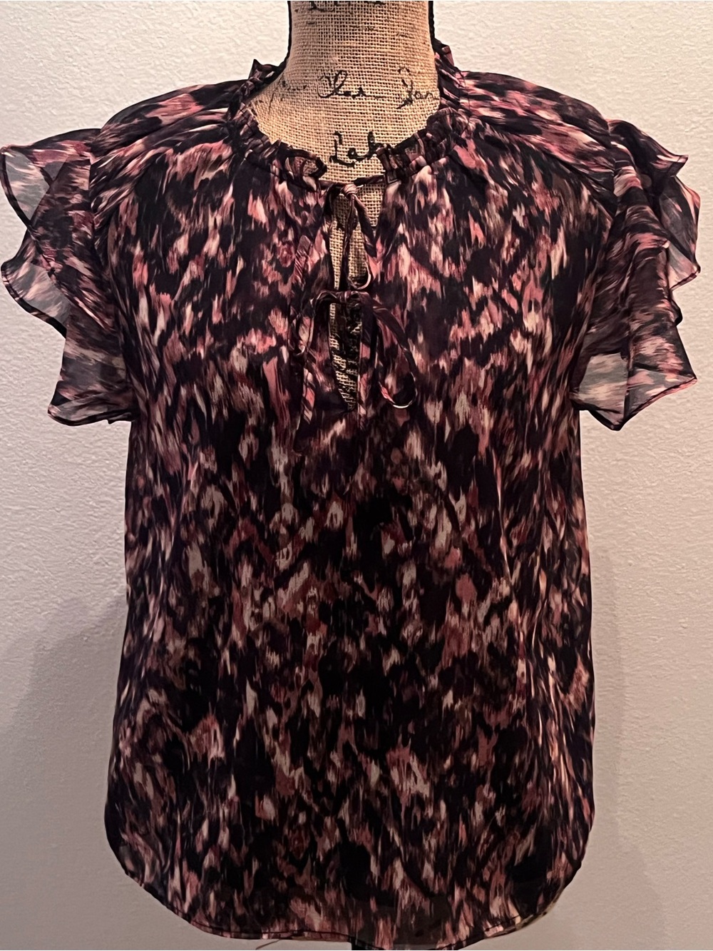 Steve Madden Black and Pink Sheer Ruffle Sleeve Tie-Neck Blouse